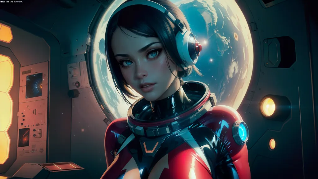 This is an image of a young woman in a spacesuit with her helmet off. She is standing in a spaceship, and there is a planet in the background. The woman is looking at the camera with a serious expression. She has short black hair and blue eyes. She is wearing a red and black spacesuit with a clear bubble helmet. The spacesuit has a pattern of blue and white lines on the chest. She is also wearing a pair of headphones. There is a control panel on the wall behind her.