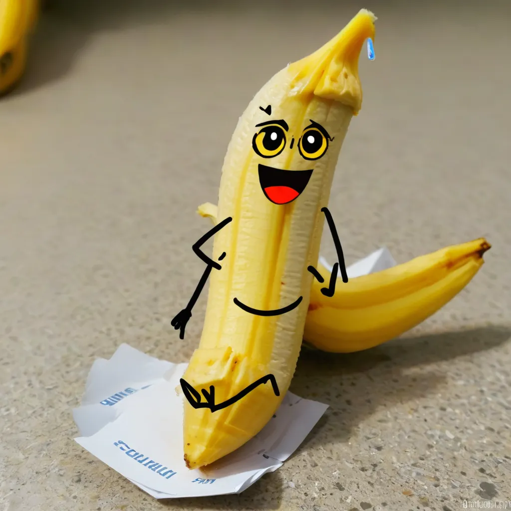 A banana is sitting on a piece of paper. It has a happy face with a smile and its legs are crossed. There is another banana lying on the ground beside it. The banana sitting up is sweating.