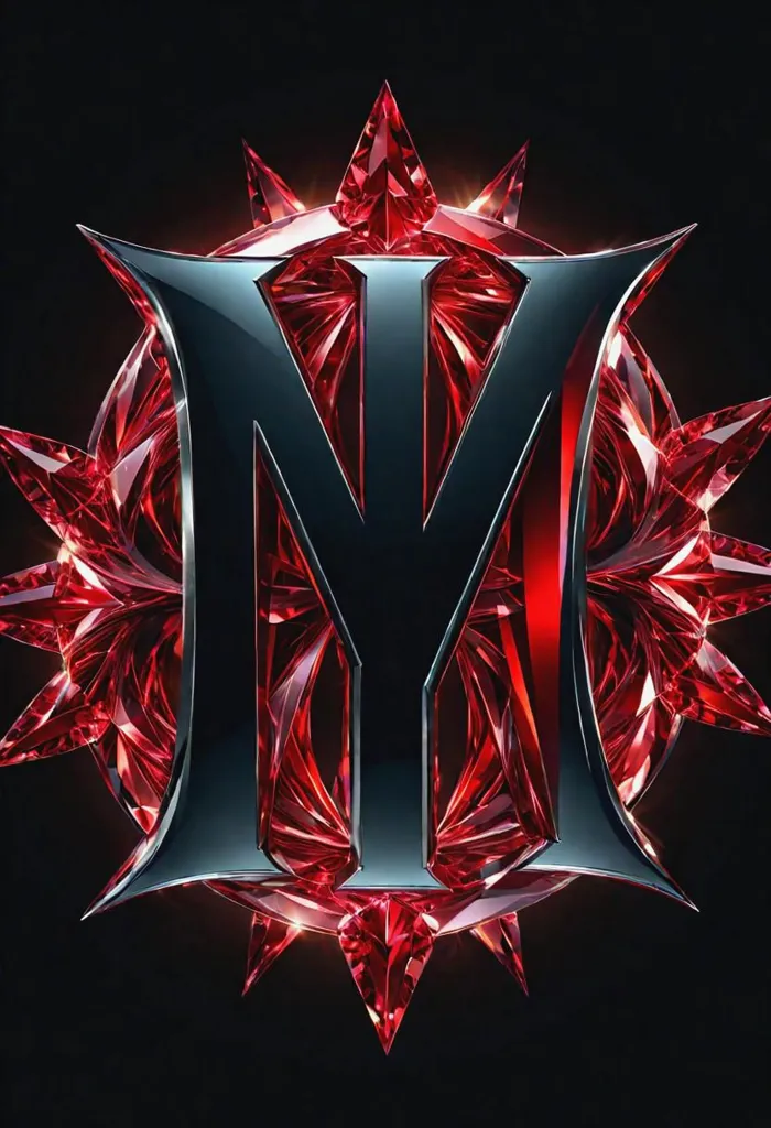 The image is a 3D rendering of a letter "M" made of black metal with glowing red crystal spikes protruding from the surface. The "M" is set against a black background and is surrounded by a circular frame of red crystal spikes.