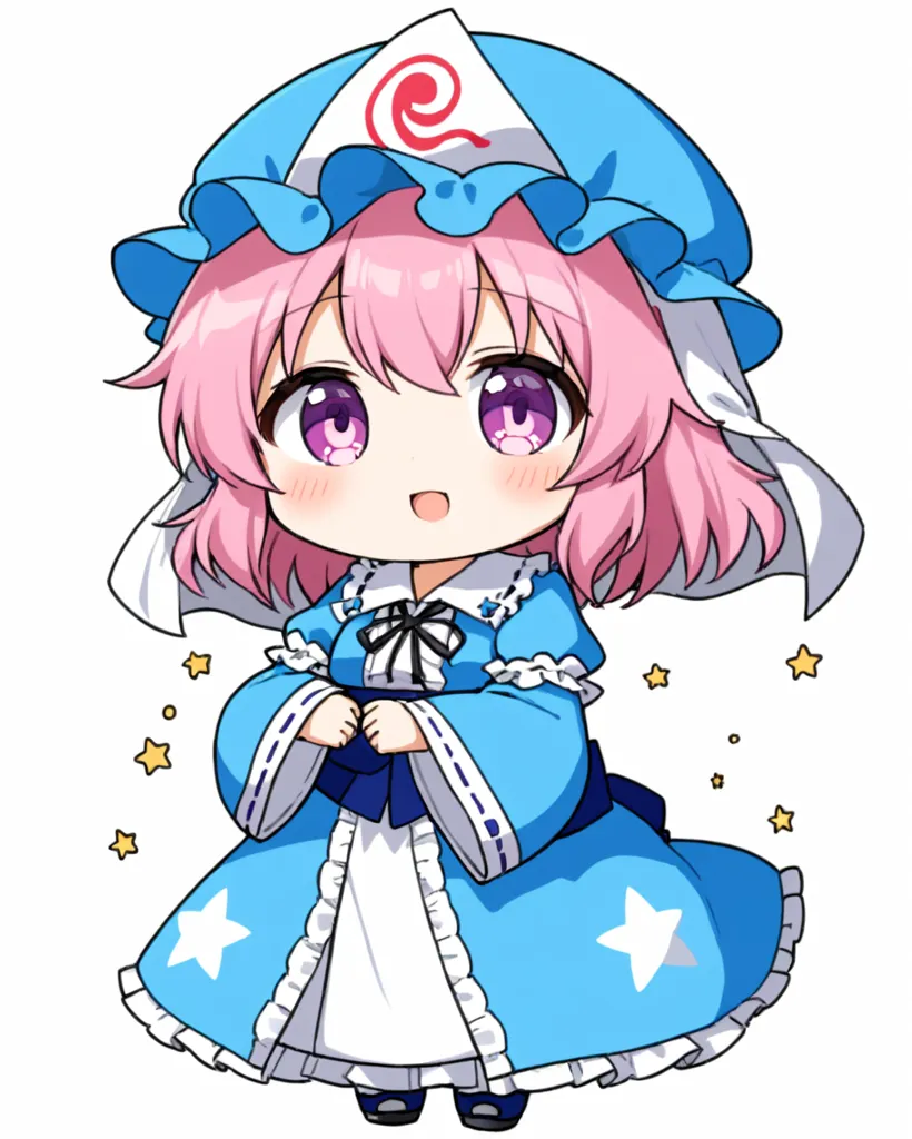 The image shows a cute anime girl with pink hair and purple eyes. She is wearing a blue and white dress with a white hat. She has a big smile on her face and is surrounded by stars.