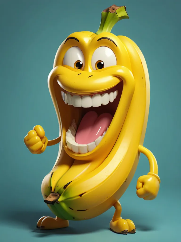 The image shows a 3D rendering of a banana. The banana is smiling with its mouth wide open. It has big white teeth and its eyes are squinted in a happy expression. The banana is also has arms and legs. It is standing on its feet and has its fists clenched in the air. The banana is yellow and has a green stem. The background is a pale blue color.