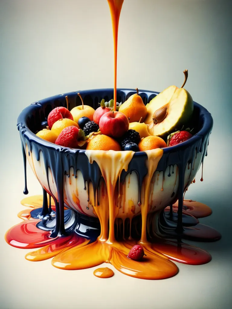 A bowl of fruit is sitting on a table. The bowl is filled with apples, pears, oranges, and blueberries. The fruit is covered in a colorful glaze that is dripping down the sides of the bowl. The glaze is red, yellow, and blue. The fruit is also dripping with water. The background is white.