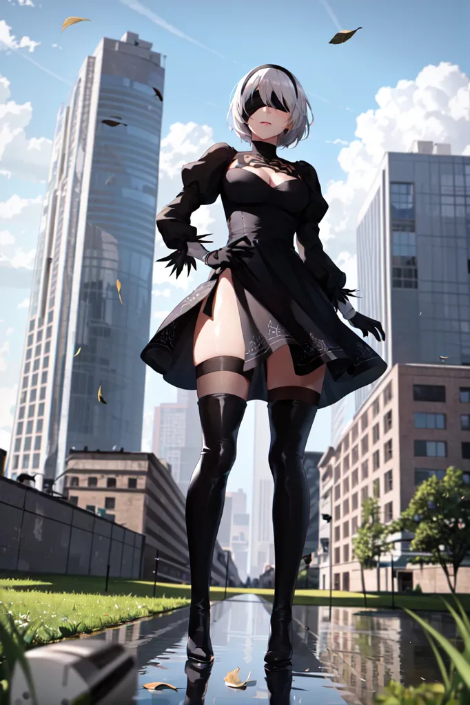 The image is of a young woman standing in a city street. She is wearing a black dress with a white collar and black boots. Her hair is white and short. She has a blindfold over her eyes. There are tall buildings in the background and a tree to the right. The ground is wet and there are leaves on the ground. The sky is blue and there are some clouds.