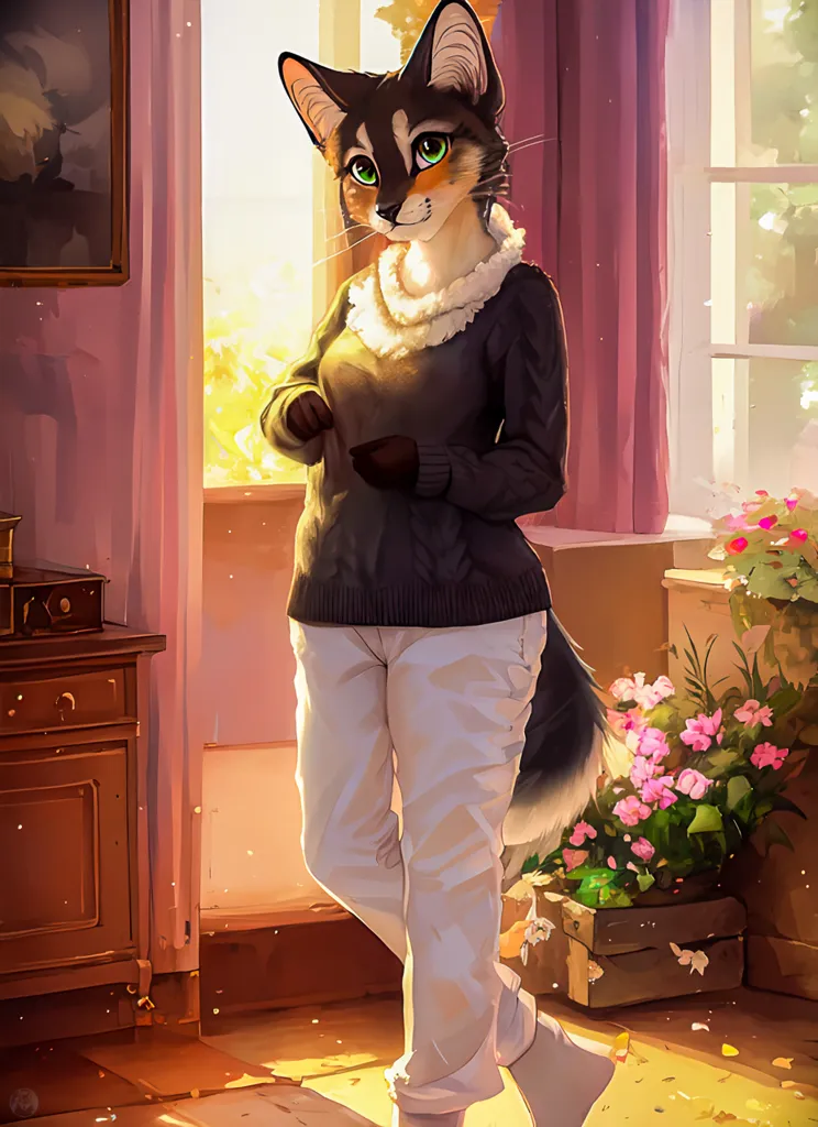 The image is of a cat anthropomorphic in a sweater and pants. The cat is standing in a room, with a window in the background. There are flowers on the floor by the window. The cat has green eyes and is looking at the viewer. The cat is wearing a white turtleneck sweater with black and gray stripes and white pants with black socks. The cat is standing on a brown wooden floor. The room is decorated with a brown wooden cabinet and a painting on the