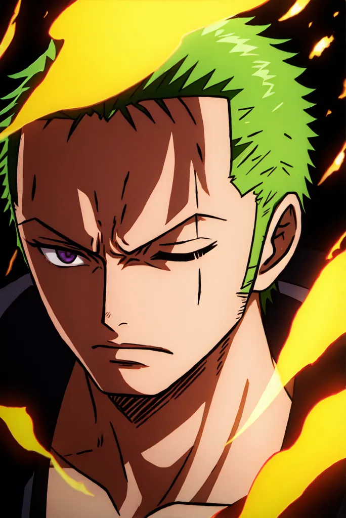 The image shows a close-up of Roronoa Zoro, a character from the anime series One Piece. He has green hair and a scar on his left eye. He is wearing a black shirt and a green bandana. He has a serious expression on his face and is looking at the viewer with his left eye closed. The background is yellow and there are flames around his head.