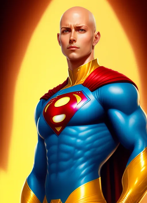 This is an image of a superhero. He is bald and has blue eyes. He is wearing a blue and yellow suit with a red cape. The suit has a large yellow "S" on the chest. He is standing with his feet shoulder-width apart and his hands at his sides. He has a confident expression on his face. The background is a bright yellow.