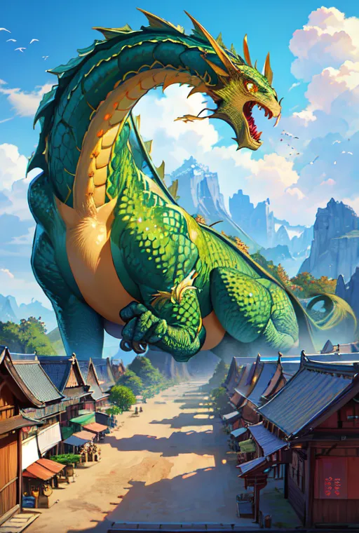 The image is of a large, green dragon standing in the middle of a town. The dragon is standing on two legs and has its wings spread out. It has a long, serpentine body and a large, spiked head. The dragon is breathing fire on the town, and the buildings are on fire. The people in the town are running away in fear. The dragon is a symbol of power and destruction, and the image is a reminder of the fragility of human life.