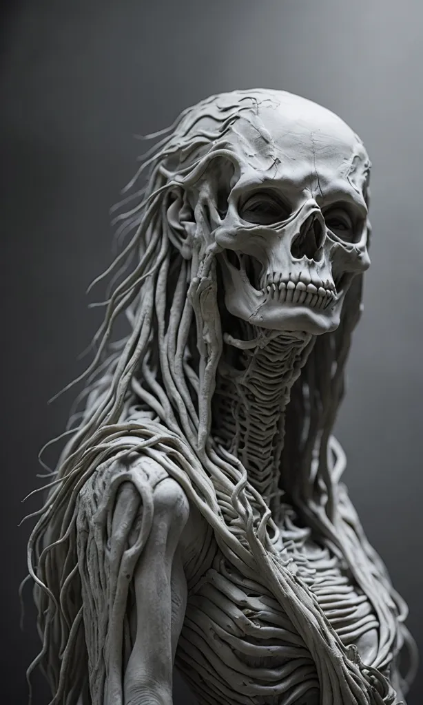 这是一个带有脊柱和肋骨的头骨的 3D 渲染。头骨上有长长的流动的头发,与头骨由同一材料制成。脊柱和肋骨也由同一材料制成。整个结构都是白色的,从前面照亮。背景是深灰色的。
