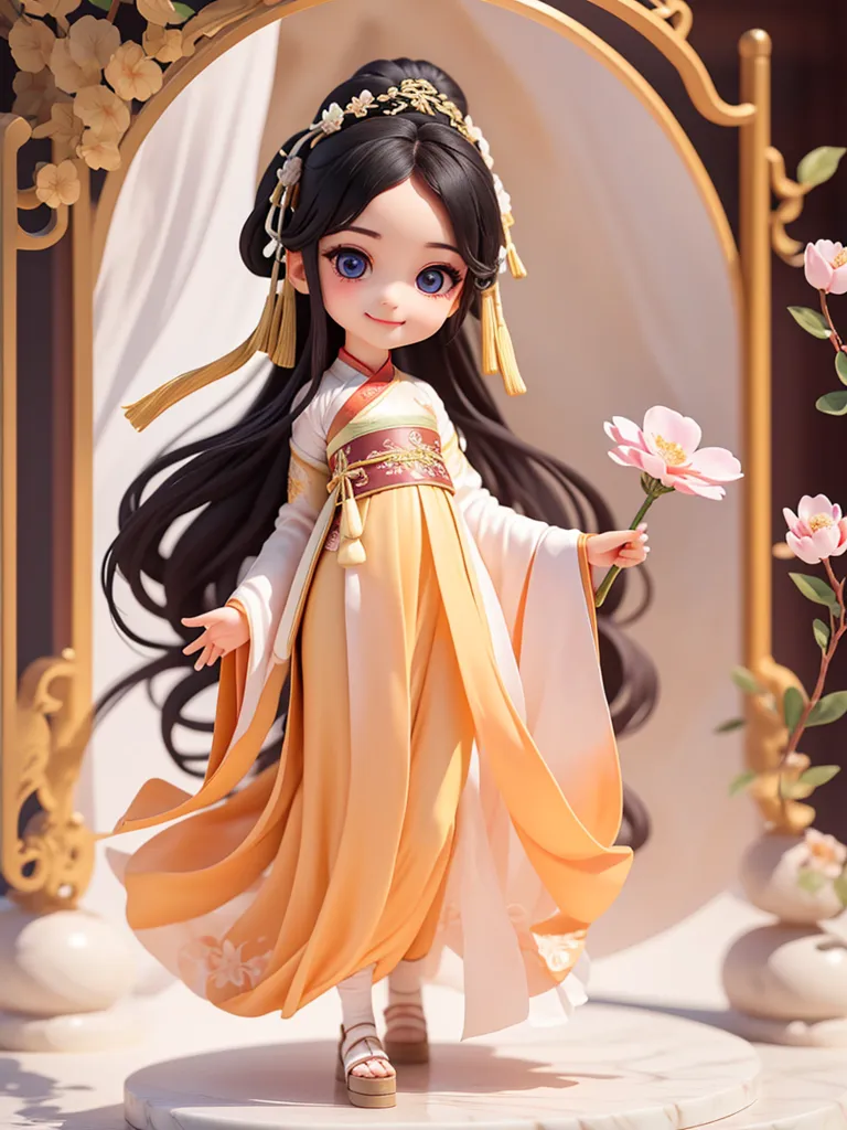 这是一个中国娃娃的3D渲染图。她穿着一件黄色的连衣裙,系着粉色的腰带,有着一头乌黑的长发,头上插着白色和粉色的花朵。她还化着粉色的眼影,手里拿着一朵粉色的花。背景是一个白色的拱门,两侧都有粉色的花朵。