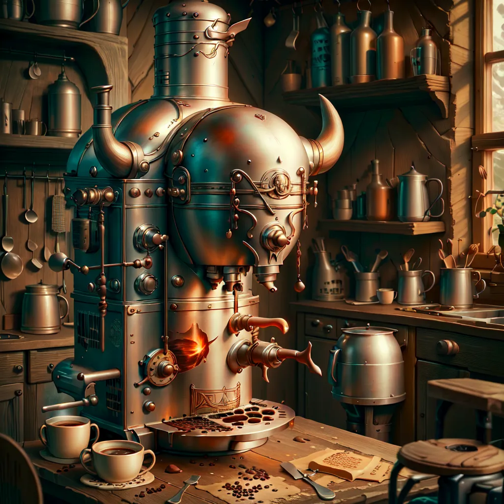 这张图片是一台蒸汽朋克风格的咖啡机。它由金属制成,前面有一个大牛头。咖啡机放在一张木桌上,周围散落着咖啡杯和咖啡豆。墙上的架子上摆放着各种厨房用具和食材。这幅图给人一种温暖和怀旧的感觉。