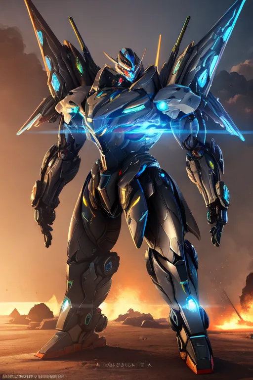 The image shows a giant robot standing in a desert. The robot is black and blue with white and yellow markings. It has large wings and is armed with a variety of weapons. There are explosions and smoke in the background.