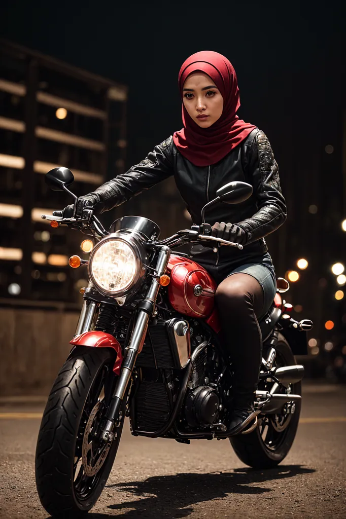 一位身穿红色头巾的年轻女子正坐在一辆红黑相间的摩托车上。她穿着黑色皮夹克和黑色靴子。这辆摩托车停在一条城市街道上,夜晚的背景中有建筑物和灯光。这位女士正看着镜头。