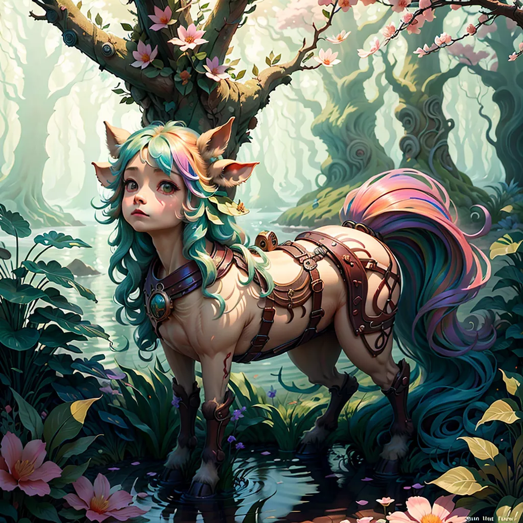 这张图像显示了一个类似于半人马的生物,上身是女性,下身是马。这个半人马站在一个茂密的森林中,有绿色的树木和粉色的花朵。半人马穿着一件棕色皮革的马具,上面有金属扣环。半人马有一头长长的绿色头发和彩虹色的尾巴。半人马站在河中,用好奇的表情看着观众。