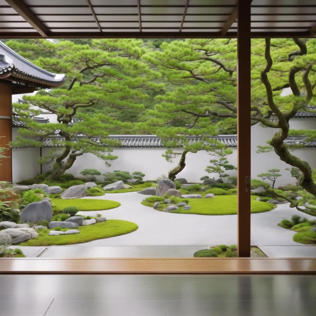 这张图片展示了一个美丽的日本庭园,有精心整理的沙石图案、苔藓、以及精心摆放的岩石和树木。这个庭园被设计成一个和平与宁静的地方,是冥想和放松的热门场所。庭园被木栅栏围绕,中央有一棵大树。树木修剪得很整洁,苔藓呈现出浓郁的绿色。这个庭园是一个美丽而宁静的地方,是远离日常喧嚣的完美之所。