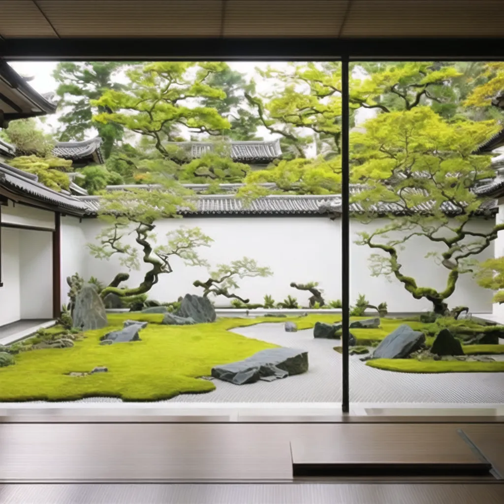 图像显示了一个美丽的日本庭园,到处都是绿色的苔藓和一些岩石。庭园被白色的墙壁包围,背景中有一些树木。这个庭园非常宁静祥和。