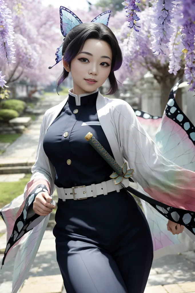 图片显示一位身穿黑白服装的年轻女子,头上戴着蝴蝶发夹,腰间佩有一把剑。她站在一个粉色花朵环绕的花园中,背景模糊。