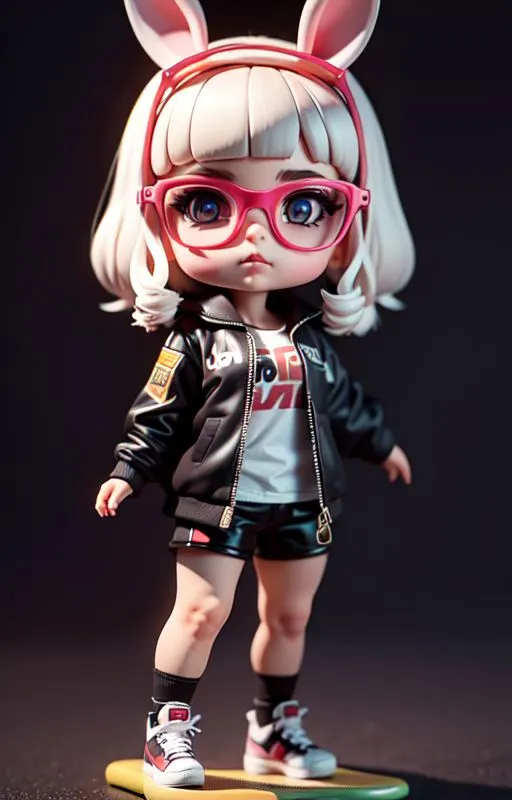 图像显示了一个年轻女孩的3D渲染小雕像,她有白色头发和粉色兔耳朵。她戴着眼镜,穿着黑色夹克和短裤,站在滑板上。背景是黑色的。