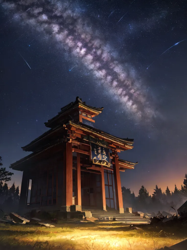 这张图片是一个美丽的日本寺庙夜景。寺庙由木头建造,有一个红色的屋顶。它被树木环绕,上方是星空。通往寺庙的是一条石头小路,两侧各有一盏灯笼。寺庙内部有光亮照射出来,窗户散发着温暖的光芒。这个场景是平静而宁静的。