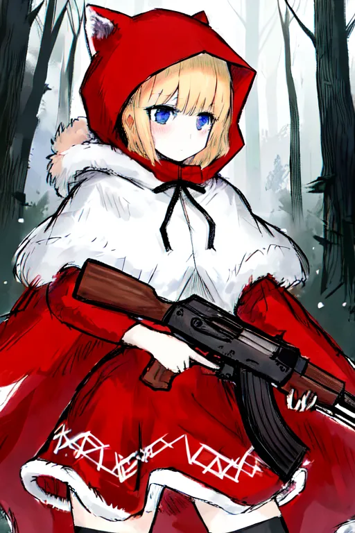 The image depicts a young girl dressed in a red hooded cloak. The cloak has white fur around the hood and white trim around the bottom. The girl is also wearing a white dress. She is holding an AK-47 rifle in her hands. The girl is standing in a forest, and there are trees all around her. The background is white, and it looks like it is snowing. The girl has blonde hair and blue eyes. She is looking at the viewer with a serious expression on her face.