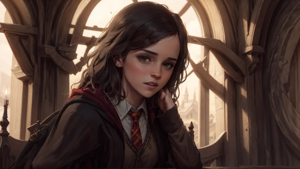 The image shows Hermione Granger, a character from the Harry Potter series. She is sitting in a library, reading a book. She is wearing her Hogwarts uniform. She has long, brown hair and brown eyes. She is looking at the reader with a thoughtful expression.