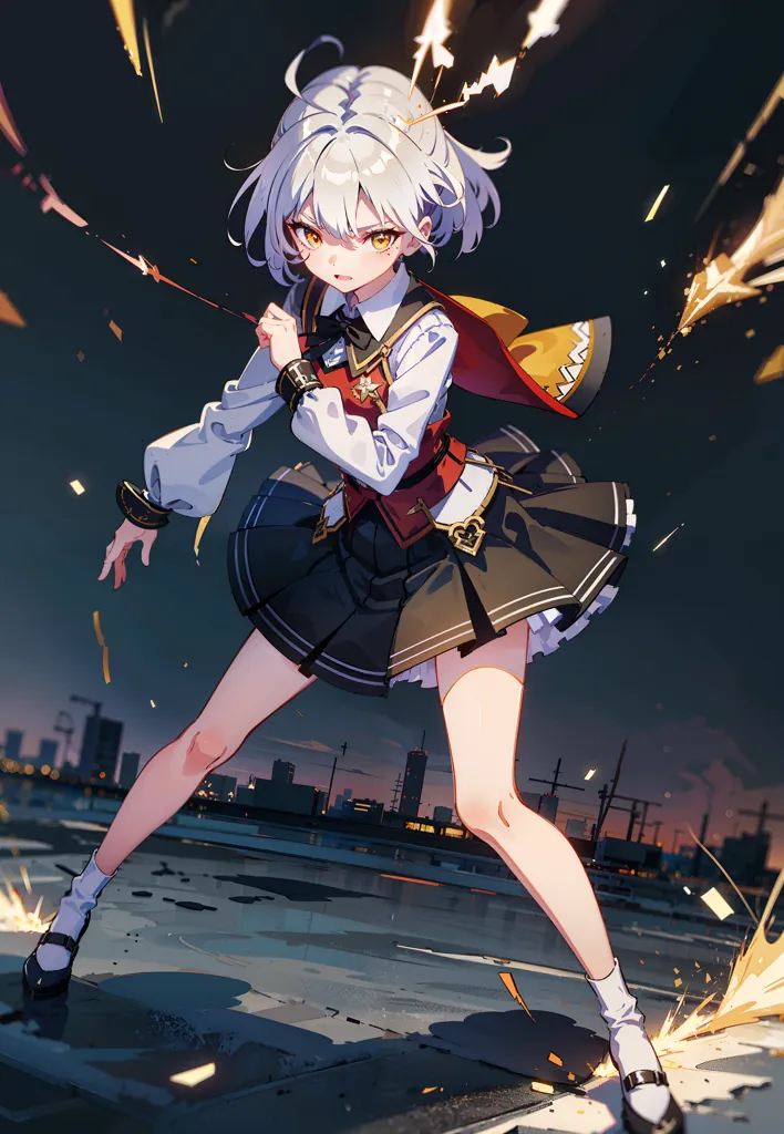 This is an image of a young girl with white hair and yellow eyes. She is wearing a white blouse, a red vest, and a black skirt. She is also wearing a red cape and a white hat. She is standing on a rooftop with a cityscape in the background. There are explosions happening around her. The girl is holding a sword in her right hand and is prepared to attack.