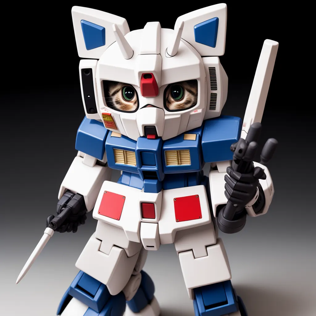 The image shows a model of a robot cat. The robot is white and blue with cat ears. It is holding a gun in each hand. The robot is standing on a gray surface with a dark background.