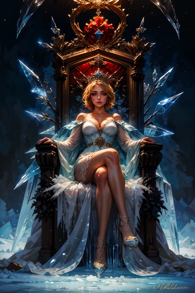 The Snow Queen sits on her icy throne, her eyes cold and睥ilosophical. She is dressed in a white gown with a plunging neckline, and her blonde hair is pulled back into a tight bun. Her feet are bare, and she is wearing a pair of silver sandals. The throne is made of ice, and it is surrounded by sharp icicles. The Snow Queen is a powerful and dangerous creature, and she is not to be trifled with.