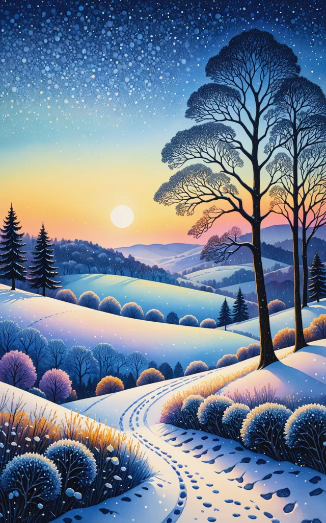 The image is a beautiful winter landscape. The snow is falling heavily, and the trees are covered in snow. The sun is setting, and the sky is a deep blue. The only sound is the gentle crunching of the snow underfoot. It is a peaceful and serene scene.