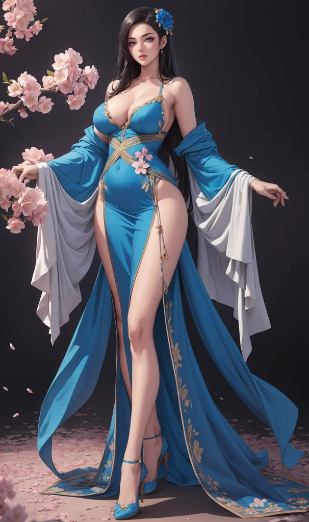 The image is of a beautiful woman with long black hair and blue eyes. She is wearing a revealing blue dress with a high slit, and her legs are bare. She is also wearing blue high heels. The woman is standing in front of a dark background, and there are some pink flowers on the ground around her. She is looking at the viewer with a seductive expression on her face.