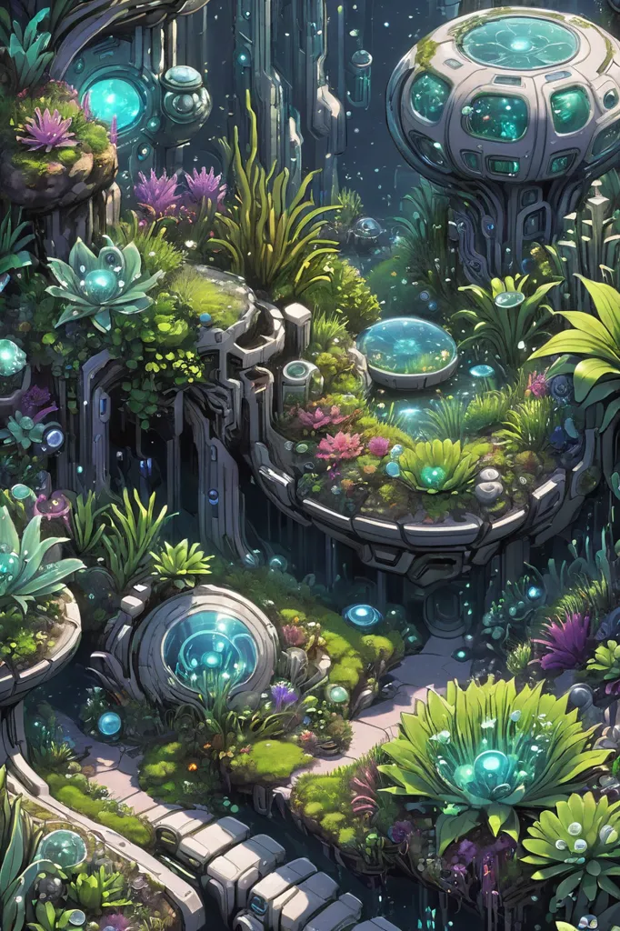 The image depicts a lush, overgrown alien landscape. There are various types of plants and flowers, all of which are thriving in the humid atmosphere. The plants are all a vibrant green, and the flowers are a variety of colors, including pink, purple, and blue. There is a body of water in the background, and there are several small waterfalls mengalirkan down the rocks. The sky is a deep blue, and there are several stars visible.