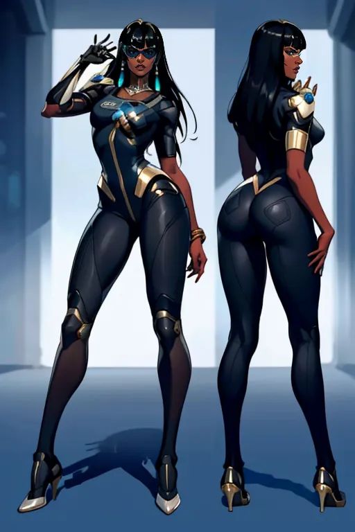 The image is of a tall, beautiful woman with dark skin and long black hair. She is wearing a black bodysuit with gold accents and a pair of black high heels. She is also wearing a pair of sunglasses and has a confident expression on her face. She looks like a spy or a secret agent.