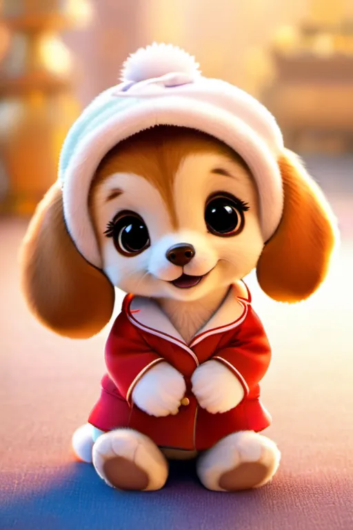 The image shows a cute puppy wearing a red and white winter coat and a white hat with a pom-pom. The puppy has big, round eyes and a happy expression on its face. It is sitting on a fluffy white rug in front of a blurry background. The puppy's fur is brown and white, and its ears are long and floppy. The puppy looks like it is about to bark or wag its tail. It is a very cute and cuddly-looking puppy.