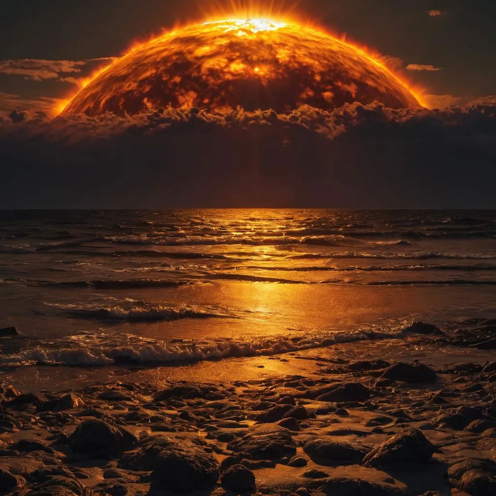 The setting sun is a glowing orange ball that seems to be on fire. The sky is dark and cloudy, and the waves are crashing against the shore. The orange light of the sun is reflected on the water, and the rocks on the beach are silhouetted against the sky. The scene is both beautiful and awe-inspiring, and reminds us of the power and beauty of nature.