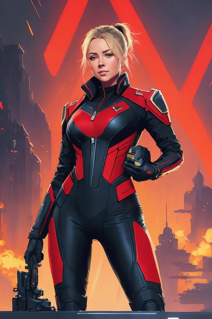 This is an image of a woman standing in front of a futuristic city. She is wearing a red and black suit and has a gun in her hand. She has blonde hair and blue eyes and looks like she is ready for action. The city is in the background and is on fire. There are explosions and smoke everywhere. The woman is standing on a platform and looks like she is about to jump into the action.