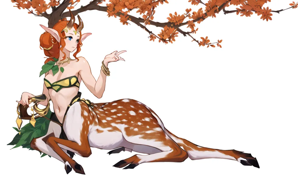 The image is of a female centaur. She has long red hair, blue eyes, and deer-like ears. She is wearing a green bikini top and has a green leaf wrapped around her waist. She is sitting on the ground with her right hand resting on her hip and her left hand pointing upwards. There is a tree branch with orange leaves above her.
