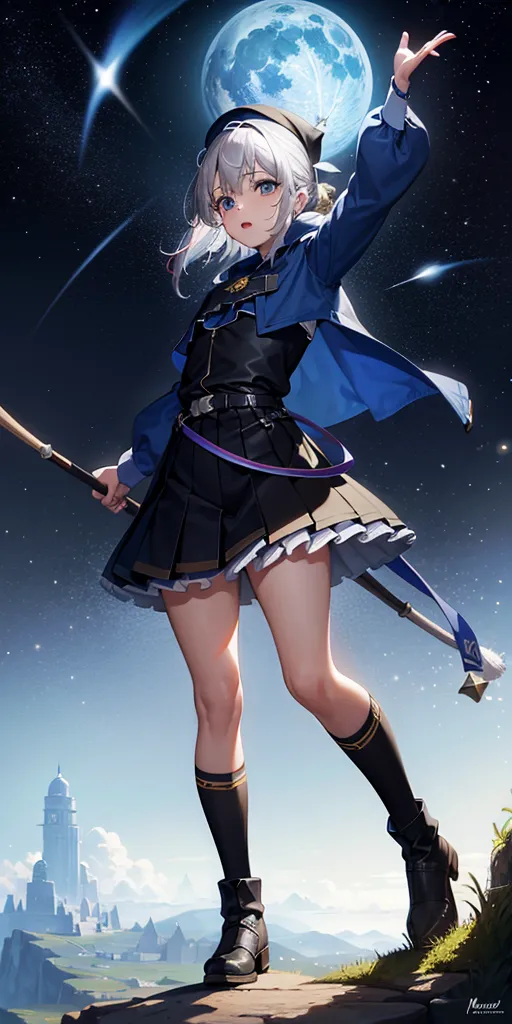 The image shows an anime-style girl standing on a cliff. She is wearing a blue and black outfit and has a large staff in her hand. She is looking up at the night sky, which is filled with stars and a large moon. There are also two shooting stars in the sky. In the background, there is a large tower in the distance.