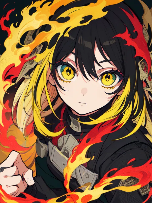 The picture shows a girl with long black and yellow hair. She has yellow eyes and is wearing a black and red outfit. There are flames around her.