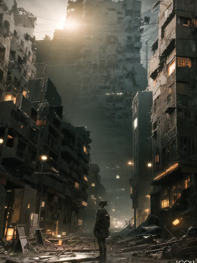 The image shows a street in a ruined city. The buildings are tall and mostly in ruins, with broken windows and exposed interiors. The street is littered with debris and rubble. There is a figure standing in the middle of the street. They are wearing a mask and carrying a gun. The sky is dark and there are no visible stars or moon. The only light comes from the few remaining streetlights and the light from inside the buildings. The image is post-apocalyptic and conveys a sense of hopelessness and despair.