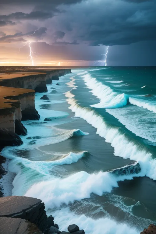 这幅图像是一幅海景。它展示了一个暴风雨中的大海,巨浪正在冲击着岩石海岸。天空阴暗,远处有两道闪电。波浪白色而泡沫四溅,岩石黑色而潮湿。这幅图像非常戏剧性,捕捉了大海的力量和美丽。