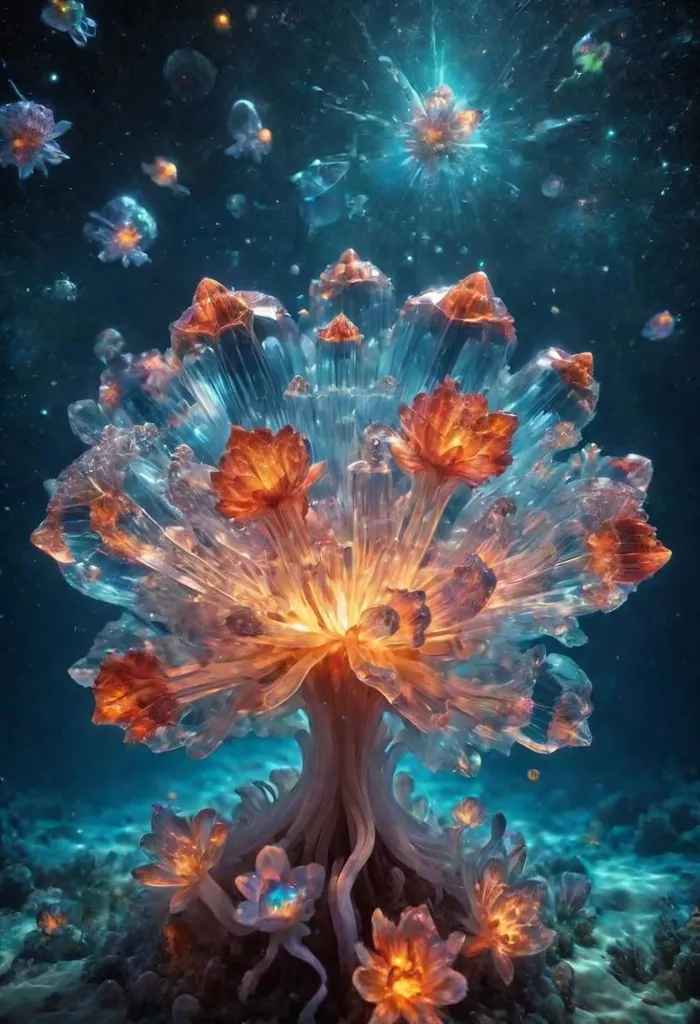 The image shows a beautiful and surreal underwater scene. A large, glowing flower-like structure sits on the ocean floor, surrounded by smaller, similar structures. The flower-like structures are made of a glowing, crystalline material and emit a soft light. The water is dark and mysterious, but the light from the flowers illuminates the scene. Small fish-like creatures swim around the flowers, adding to the sense of wonder and mystery.