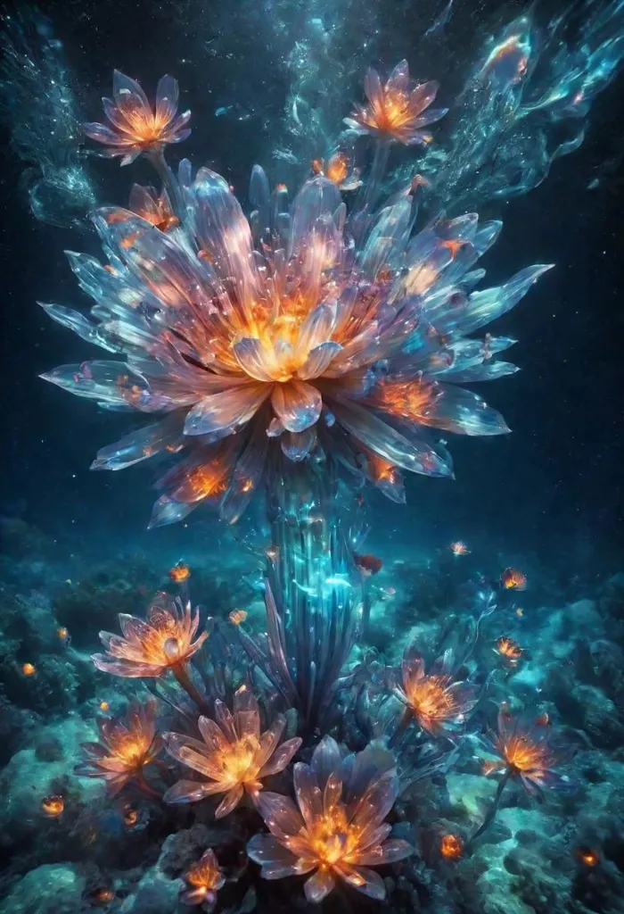 The image is a beautiful underwater scene. A large, glowing flower is the centerpiece. The flower is made of many delicate petals and has a bright, glowing center. The flower is surrounded by smaller flowers and plants. The water is a deep blue color and is filled with small, glowing fish. The scene is lit by a soft, blue light.