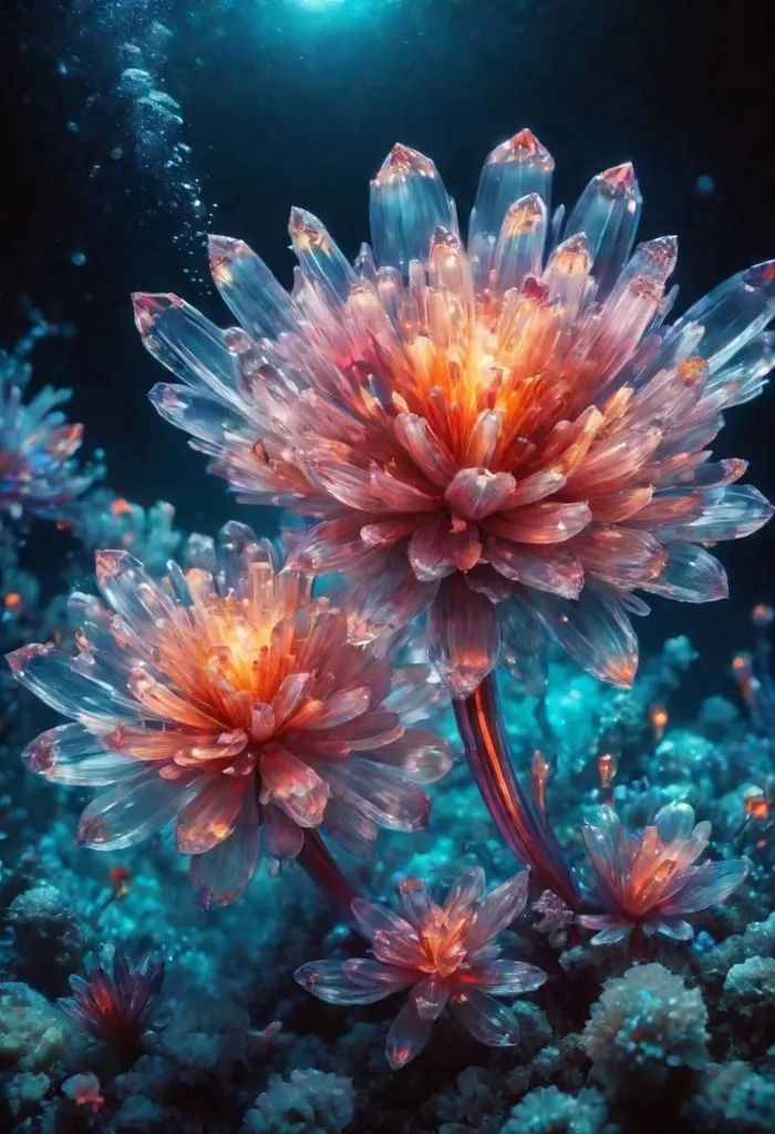 The image is a beautiful underwater scene. There are several flowers in the foreground, with long, delicate petals. The flowers are lit by a bright light, which makes them sparkle and glow. The background of the image is a dark blue, with a deep sense of mystery. The image is very peaceful and serene, and it evokes a sense of wonder and awe.