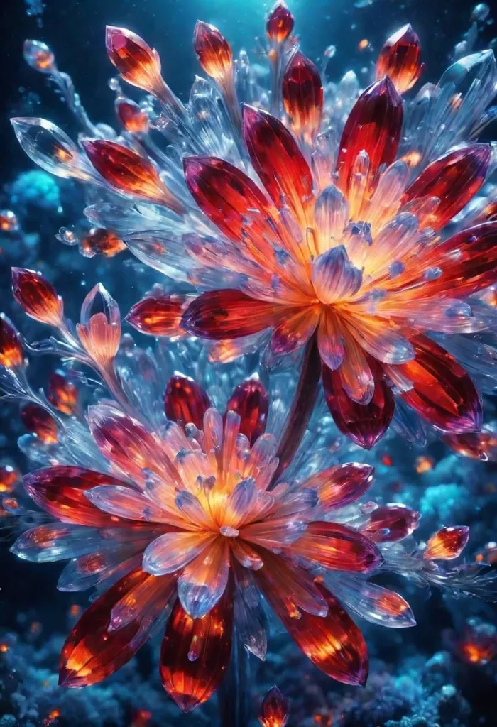 The image is a beautiful underwater scene. There are two large, colorful flowers in the foreground. The flowers are made of glass or crystal and are lit from within. They are surrounded by smaller flowers and plants. The background is a deep blue color.