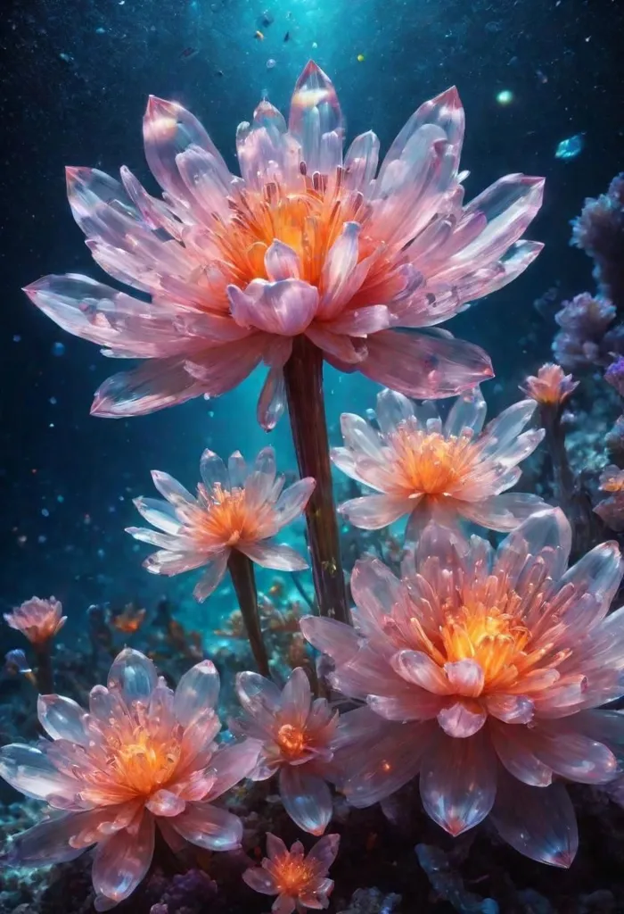 The image is a beautiful underwater scene. There are several flowers in the foreground, with delicate petals that appear to be made of glass or crystal. The flowers are in various shades of pink, orange, and yellow, and they are arranged in a cluster. The background is a deep blue, with rays of light shining down from the surface of the water. There is a sense of peace and tranquility in the image, and it is a reminder of the beauty that can be found in the natural world.