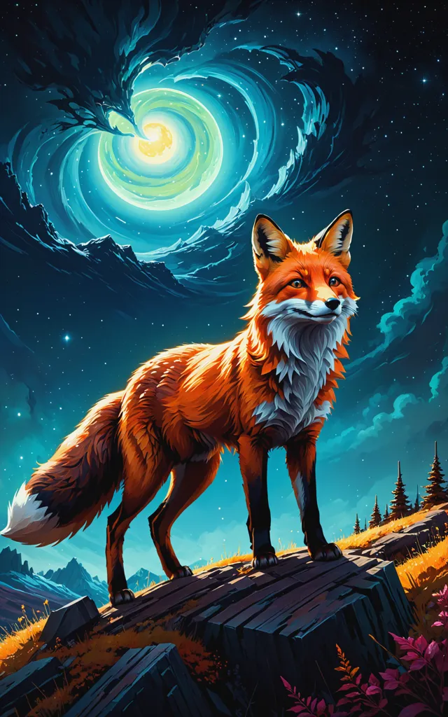 The fox is standing on a rock in the middle of a field. The background is a night sky with a full moon. The fox is looking at the moon. The fox is mostly red with white on its chest and the tip of its tail. The background is mostly blue with white stars and clouds.