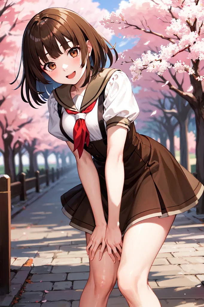 The image shows an anime girl with brown hair and brown eyes. She is wearing a white shirt, a brown skirt, and a red scarf. She is standing in a park, surrounded by cherry blossoms. The girl is smiling and has her hands on her thighs.