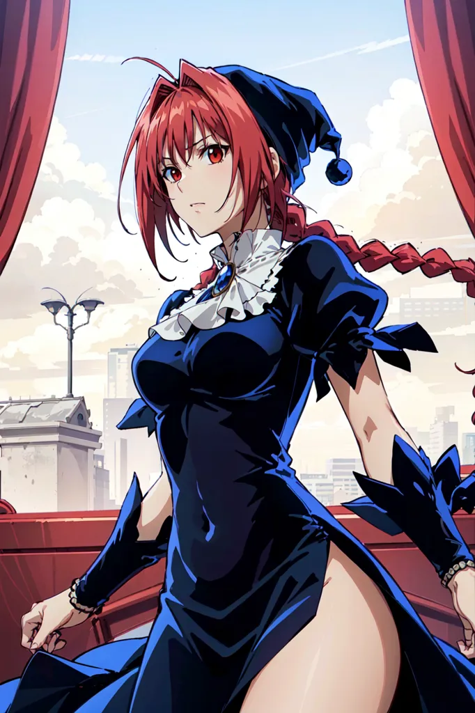 The image shows a woman with red hair and red eyes. She is wearing a blue dress with a white collar. The dress has a long slit on one side, showing off her leg. She is also wearing a blue hat with a red ball on the end. She is standing in front of a red curtain. There is a cityscape in the background.