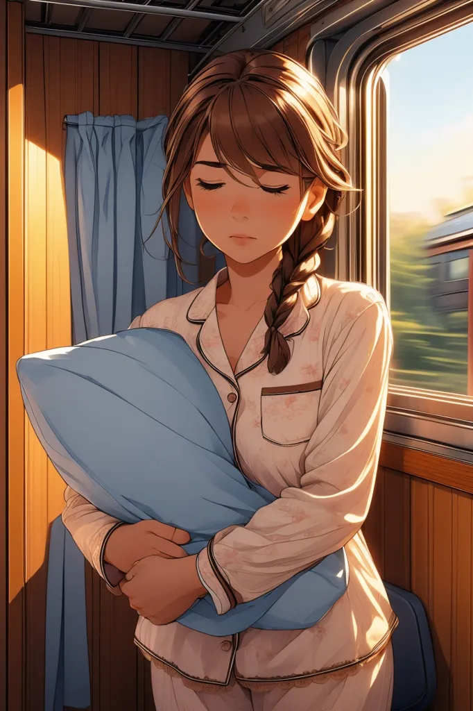 A girl in her pajamas is sitting in a train compartment. She has her eyes closed and is hugging a pillow. The train is moving, and the curtains in the background are blowing in the wind. The girl is wearing a white shirt with pink flowers and blue pants. She has long brown hair that is braided down her back. She looks peaceful and relaxed.