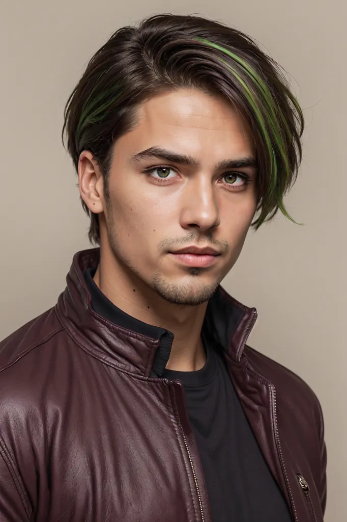 This is a picture of a young man with green streaks in his hair. He is wearing a brown leather jacket and a black t-shirt. He has his hair combed to the side and his eyebrows are raised. His eyes are a light green color and he has a small amount of facial hair. He is looking at the camera with a serious expression.