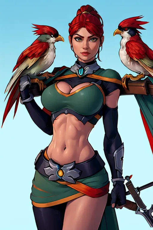 The picture shows a female warrior. She is wearing a green and brown outfit. She has brown hair and green eyes. She is carrying a bow and arrow. There are two red birds perched on her shoulders. She looks like she is ready to fight.